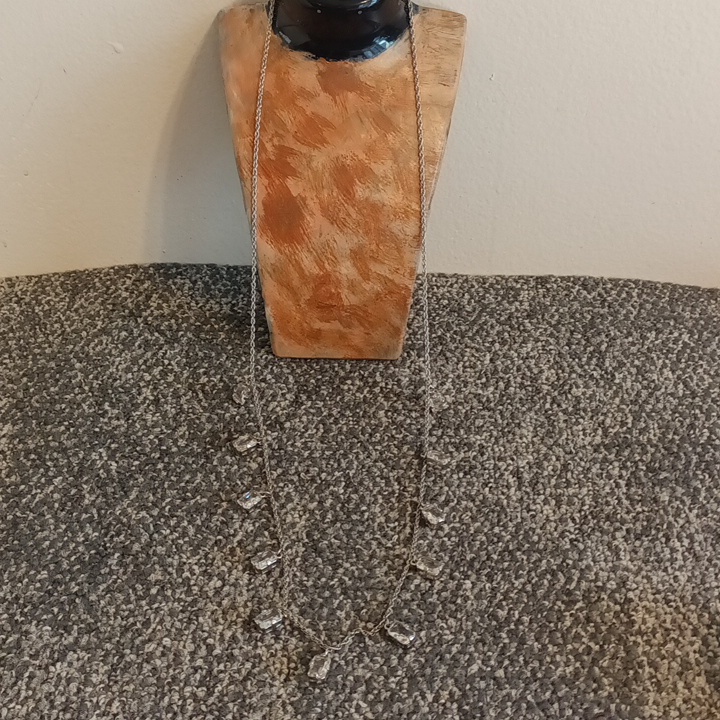 Ann Taylor Long Silver Tone Chain Necklace Clear Crystal Squares